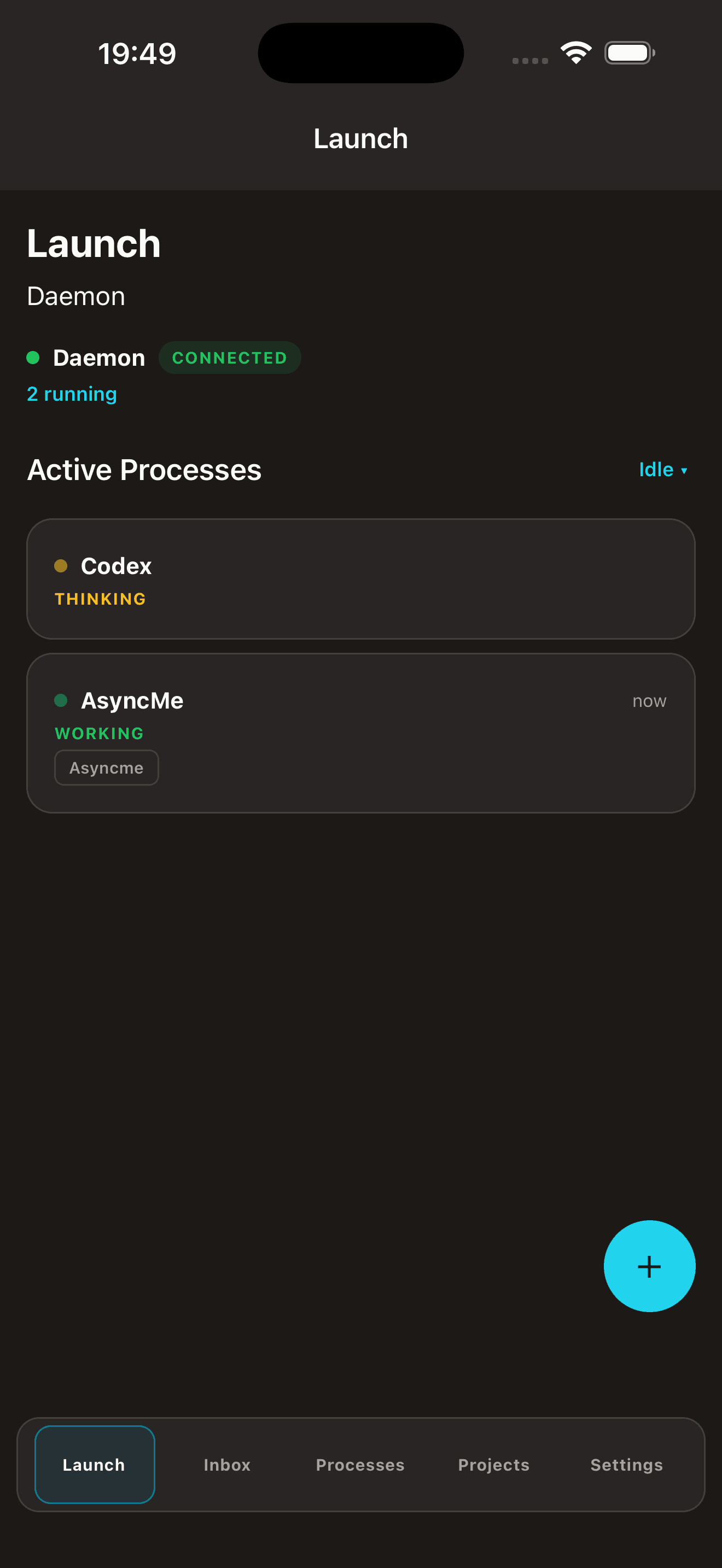 AsyncMe iPhone app showing the daemon connected with Claude and Codex agents running.
