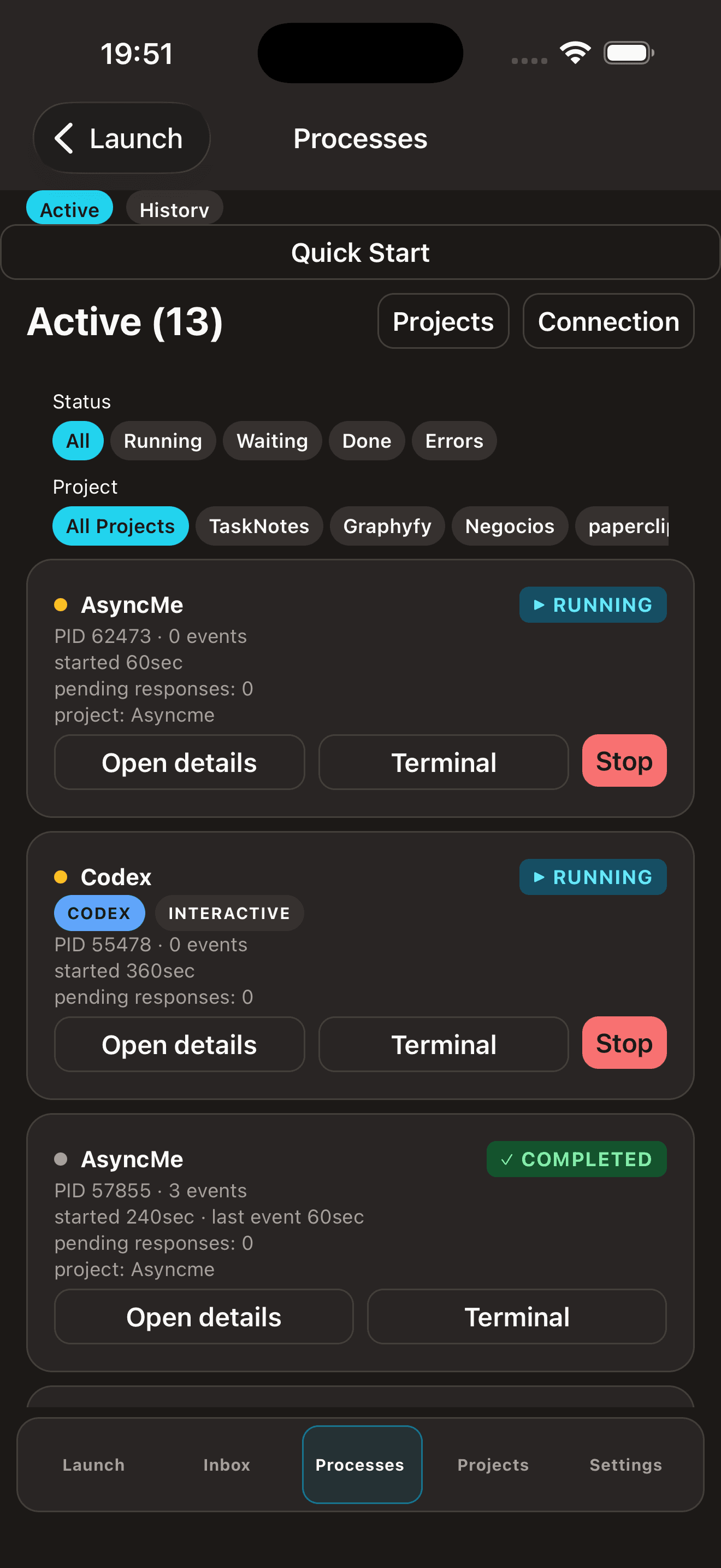 Process list with running, completed, and interactive states across multiple projects.