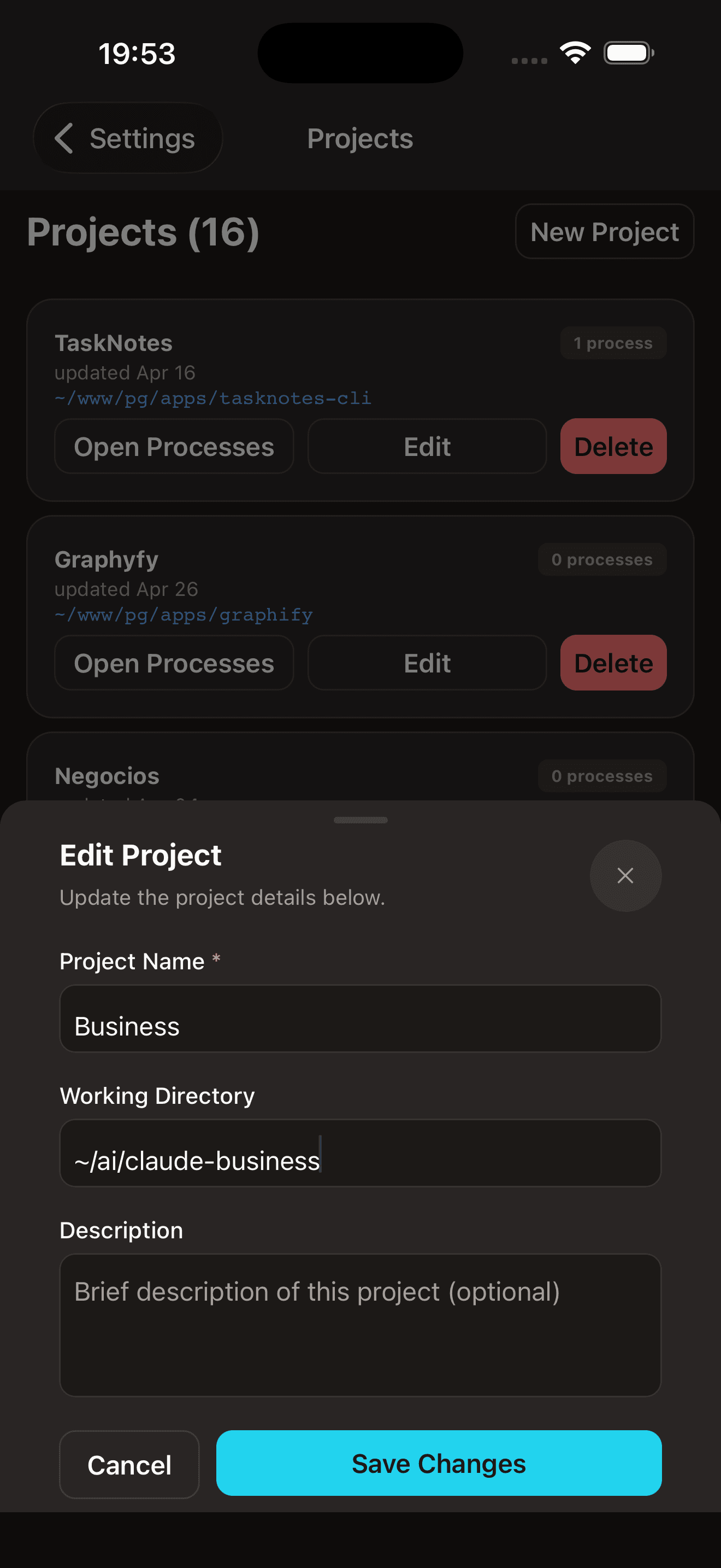Projects screen with the Edit Project sheet open over a list of repositories.