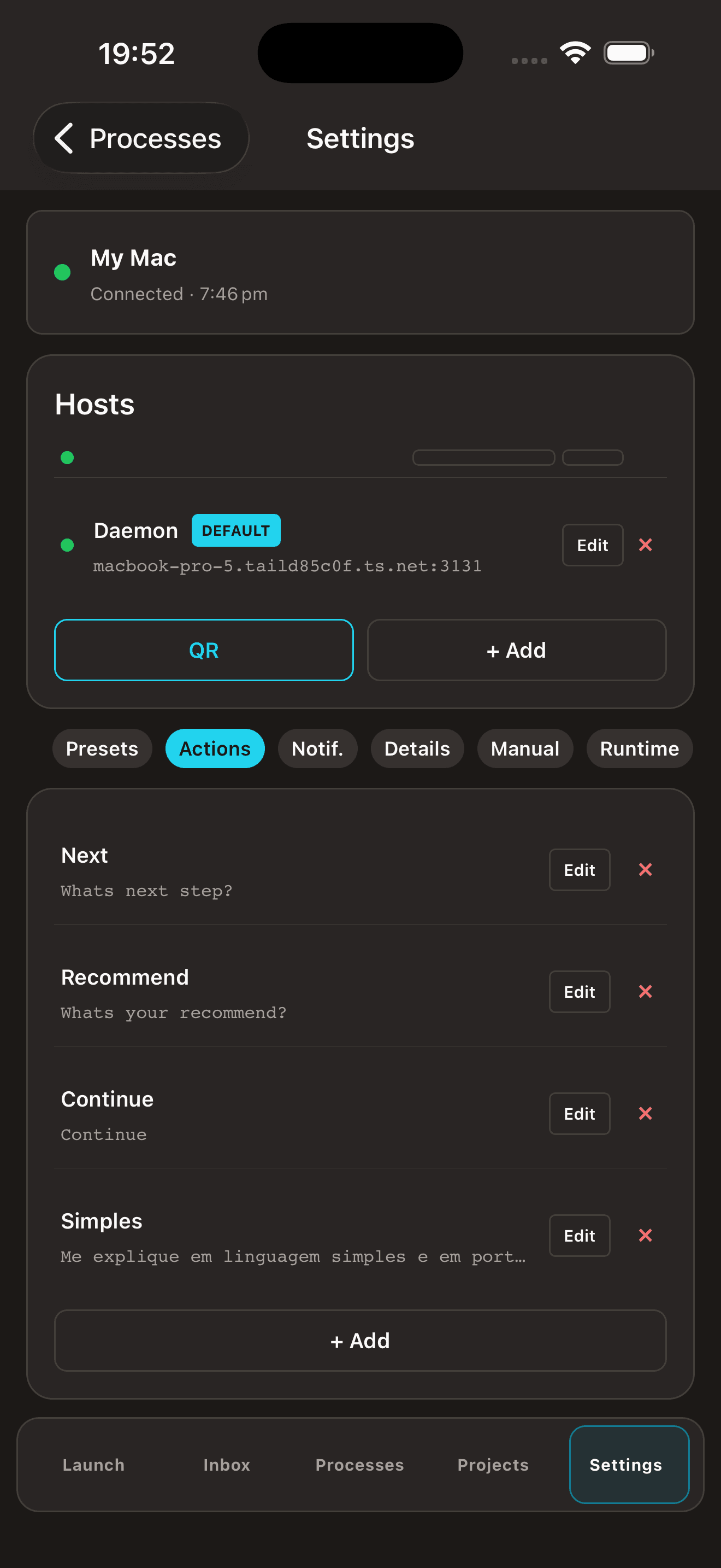 Settings screen with QR pairing for the Tailscale-routed daemon and saved actions.