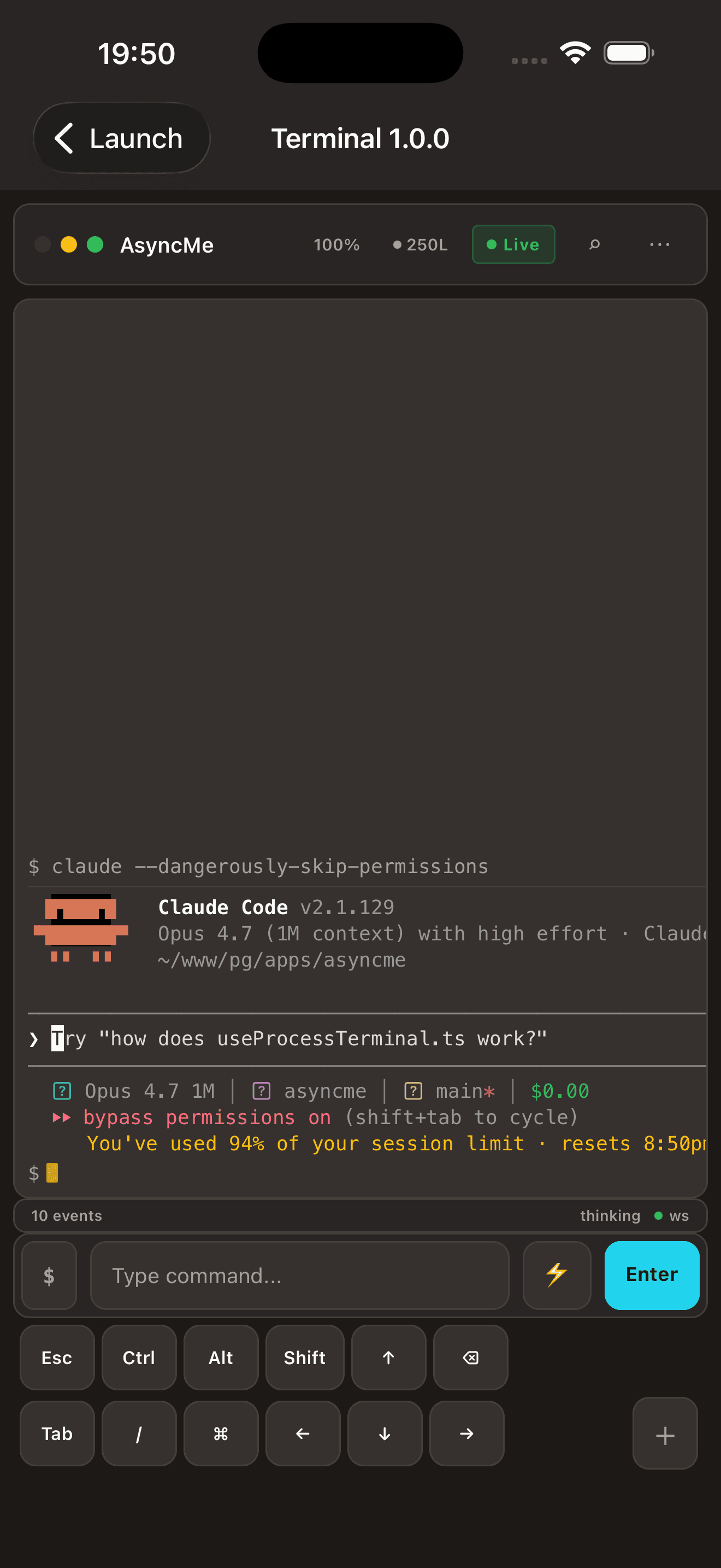 Live Claude Code session mirrored to the iPhone with full keyboard.